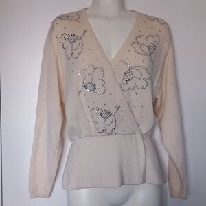 St. John Knit Cross Over Peplum Style Sweater with Floral Rhinestones